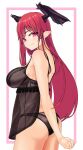  +_+ 1girl ass bangs black_panties breasts camisole closed_mouth commentary_request contrapposto cowboy_shot eyebrows_behind_hair haiiro_gundan head_wings highres koakuma large_breasts light_blush long_hair looking_at_viewer looking_back panties pointy_ears red_eyes redhead see-through simple_background smile solo swept_bangs touhou underwear very_long_hair white_background wings 