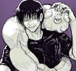  1boy bangs fushiguro_touji greyscale grin hair_between_eyes hand_up jujutsu_kaisen looking_at_viewer male_focus mike2010 monochrome monster petting purple_background scar scar_on_face shirt short_hair short_sleeves simple_background smile solo twitter_username 