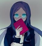  1girl bangs blazer blue_jacket book commentary_request covering_mouth dangan_ronpa_(series) dangan_ronpa_v3:_killing_harmony eyebrows_visible_through_hair glasses glowing glowing_eyes green_eyes grey_background hands_up highres holding holding_book jacket long_hair long_sleeves looking_at_viewer open_book open_clothes open_jacket parted_bangs raimone_(nekokirinv3) school_uniform shirogane_tsumugi shirt simple_background solo staring translation_request upper_body 