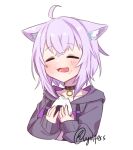  1girl animal_ear_fluff animal_ears artist_name bangs black_collar black_hoodie blush cat_ears cat_girl closed_eyes collar collarbone cowlick eyebrows_visible_through_hair fang food hair_between_eyes highres holding holding_food hololive hood hoodie nekomata_okayu onigiri open_mouth purple_hair solo upper_body virtual_youtuber vyolfers white_background 