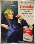  1boy absurdres ad blonde_hair blue_neckwear brand_name_imitation character_name cigarette commentary english_commentary english_text fake_ad highres holding holding_cigarette marlboro necktie one_piece parody sanji smoking vinutun 