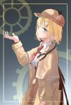  1girl absurdres blonde_hair blue_eyes coat deerstalker dress_shirt eyebrows_visible_through_hair gears hair_ornament hat high-waist_skirt highres hololive hololive_english kiaoekakishitai looking_at_viewer monocle_hair_ornament necktie plaid plaid_skirt pocket_watch shirt short_hair skirt smile solo stethoscope virtual_youtuber watch watson_amelia 