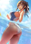  1girl :d air_bubble amamiya_natsumi ass bangs bare_arms bare_legs bare_shoulders blue_sky blush breasts brown_hair bubble competition_swimsuit day eyebrows_visible_through_hair green_eyes hair_ribbon highleg highleg_swimsuit highres kekemotsu lane_line large_breasts long_hair looking_at_viewer looking_back one-piece_swimsuit open_mouth original outdoors partially_submerged partially_underwater_shot ponytail pool ribbon sideboob sidelocks sky smile solo swimsuit thighs two-tone_swimsuit water wet white_swimsuit 