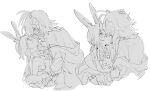  2girls amiya_(arknights) animal_ears antennae arknights bare_shoulders commentary covering_mouth demon_horns face-to-face greyscale hamha_s hand_on_another&#039;s_head hand_over_another&#039;s_mouth horns jewelry long_hair looking_at_another low_ponytail monochrome multiple_girls multiple_rings off_shoulder rabbit_ears ring short_hair short_sleeves sketch sleeveless symbol_commentary upper_body w_(arknights) white_background yuri 