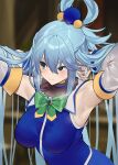  1girl absurdres aqua_(konosuba) armpits arms_up blue_eyes blue_shirt blue_skirt blurry blurry_background blush bow bowtie breasts closed_mouth commentary detached_sleeves green_bow green_neckwear hair_between_eyes hair_bobbles hair_ornament hair_rings hands_in_hair highres indoors jikatarou kono_subarashii_sekai_ni_shukufuku_wo! light_blue_hair long_hair looking_to_the_side medium_breasts shirt skirt solo steam steaming_body straight_hair sweat upper_body 