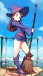  1girl boots broom brown_eyes brown_hair commentary hat highres holding holding_broom kagari_atsuko little_witch_academia long_hair looking_at_viewer luna_nova_school_uniform optionaltypo panties pantyshot school_uniform skirt sky smile solo underwear witch witch_hat 