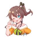  1girl artist_name bangs blue_eyes blush brown_hair collarbone eyebrows_visible_through_hair hair_between_eyes highres hololive natsuiro_matsuri off_shoulder side_ponytail smile solo tongue tongue_out upper_body v virtual_youtuber vyolfers 