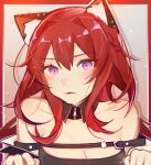  1girl absurdres animal_ear_fluff animal_ears arknights bangs bare_shoulders black_dress blush cat_ears commentary dress hair_between_eyes highres kemonomimi_mode long_hair looking_at_viewer redhead solo strap_slip surtr_(arknights) tianqing_mw upper_body violet_eyes 