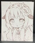  1girl :t animal_ears animal_print bangs bell blush center_frills chitosezaka_suzu closed_mouth collared_shirt cow_ears cow_horns cow_print eyebrows_visible_through_hair fake_animal_ears fake_horns fleur_de_lapin_uniform frilled_hairband frills gochuumon_wa_usagi_desu_ka? hairband highres horns kirima_sharo photo_(medium) pout puffy_short_sleeves puffy_sleeves shirt short_sleeves solo traditional_media uniform upper_body v-shaped_eyebrows waitress 