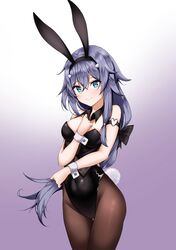  1girl absurdres animal_ears bangs black_collar black_legwear black_leotard blue_eyes breasts bunny_tail collar cowboy_shot detached_collar fu_hua gradient gradient_background hair_between_eyes highres honkai_(series) honkai_impact_3rd leotard long_hair looking_at_viewer medium_breasts pantyhose playboy_bunny purple_background rabbit_ears silver_hair strapless strapless_leotard tail thighs tor_ai very_long_hair wrist_cuffs 