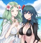 2girls :d bangs bikini black_bikini black_cape blue_eyes blue_hair blue_sky breasts byleth_(fire_emblem) byleth_eisner_(female) cape clouds commentary day fire_emblem fire_emblem:_three_houses fire_emblem_heroes flower green_eyes green_hair grin hair_between_eyes hair_flower hair_ornament hibiscus highres large_breasts long_hair looking_at_another multiple_girls navel open_mouth outdoors pink_flower red_flower rhea_(fire_emblem) shimizu_akina sky smile stomach swimsuit symbol_commentary upper_body white_flower white_swimsuit 