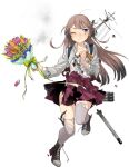  1girl aqua_neckwear blue_eyes boots bouquet brown_hair closed_mouth collared_shirt cross-laced_footwear flower fujikawa full_body grey_legwear holding holding_bouquet kantai_collection kazagumo_(kancolle) lace-up_boots long_hair machinery necktie official_art one_eye_closed orange_flower purple_flower purple_skirt purple_vest remodel_(kantai_collection) rigging shirt skirt solo thigh-highs torn_clothes torn_legwear torn_shirt torn_skirt torn_vest torpedo torpedo_launcher torpedo_tubes transparent_background vest white_shirt 