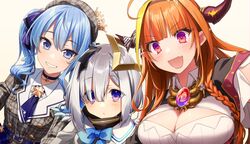  3girls akabino amane_kanata beret blue_hair blush crown doukyo&#039;s dragon_horns hat highres hololive horns hoshimachi_suisei kiryu_coco looking_at_viewer mini_crown multiple_girls orange_hair selfie silver_hair upper_body virtual_youtuber 