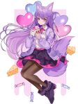  1girl animal_ear_fluff animal_ears byuyu candy cardigan cheese chiemo_(xcem) commission food fox_ears fox_tail full_body heart_balloon highres indie_virtual_youtuber juice_box long_hair long_sleeves looking_at_viewer open_cardigan open_clothes pantyhose purple_hair skeb_commission skirt tail violet_eyes virtual_youtuber 