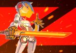  1girl absurdres blue_hair breasts cyberpunk cyborg embers glowing glowing_sword glowing_weapon highres holding holding_sword holding_weapon joints koutetu_yarou original red_background red_eyes robot_joints serious short_hair small_breasts solo sword two-tone_background weapon 