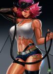  1girl abs bare_shoulders belt black_choker black_gloves blue_eyes breasts choker crop_top cutoffs denim denim_shorts elbow_gloves fingerless_gloves gloves gradient gradient_background large_breasts looking_at_viewer midriff muscular muscular_female nextoad patreon_username pink_hair poison_(final_fight) shorts simple_background single_elbow_glove single_fingerless_glove single_garter_strap single_thighhigh solo spiky_hair strap_gap street_fighter thick_thighs thigh-highs thighs tongue tongue_out torn_tank_top watermark whip 