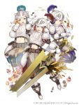  3girls absurdres armor basket belt belt_pouch blonde_hair breastplate cake candy cup cupcake doughnut faulds food full_body gauntlets helmet highres holding holding_sword holding_weapon ji_no looking_at_viewer macaron midriff mittens multiple_girls official_art plate_armor plume pouch shoulder_armor sinoalice smile square_enix sword teacup three_little_pigs_(sinoalice) upper_teeth violet_eyes visor_lift weapon white_background 