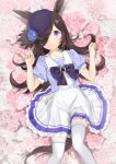  1girl animal_ears bangs black_bow black_hair blue_flower blue_headwear blue_rose blue_shirt bow collarbone commentary_request feet_out_of_frame flower hair_over_one_eye hands_up hat hat_flower horse_ears horse_girl horse_tail ice_(ice_aptx) long_hair looking_at_viewer lying on_back parted_lips pink_flower pink_rose pleated_skirt puffy_short_sleeves puffy_sleeves rice_shower_(umamusume) rose school_uniform shirt short_sleeves skirt solo tail thigh-highs tilted_headwear tracen_school_uniform umamusume very_long_hair violet_eyes white_flower white_legwear white_rose white_skirt 
