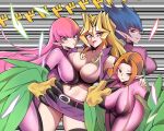  4girls arm_around_shoulder bare_shoulders belt belt_buckle blonde_hair blue_hair blush bodysuit breast_press breasts buckle claws commentary_request detached_sleeves ditienan_ddn dodododo eyebrows_visible_through_hair feathered_wings feathers green_eyes green_feathers harpie_lady harpie_lady_#1 harpie_lady_#2 harpie_lady_#3 harpie_lady_sisters harpy jacket kujaku_mai large_breasts long_hair looking_back monster_girl multiple_girls navel open_mouth orange_hair pink_bodysuit pink_hair pointy_ears skirt spiky_hair v very_long_hair violet_eyes winged_arms wings yu-gi-oh! 