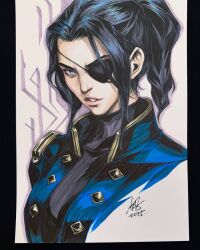  1girl arcane:_league_of_legends arcane_caitlyn black_hair blue_eyes blue_jacket caitlyn_(league) commentary cropped_torso english_commentary eyepatch highres jacket league_of_legends looking_at_viewer making-of_available marker_(medium) medium_hair parted_lips photo_(medium) ponytail sidelocks signature solo spoilers stanley_lau traditional_media 