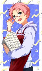  1boy :d absurdres adjusting_eyewear apron blue_eyes book commentary_request cowboy_shot hand_up highres holding holding_book hood hood_down hoodie idolmaster idolmaster_side-m kabuto_daigo looking_at_viewer male_focus miyaimas002 open_mouth pink_hair red-framed_eyewear red_apron semi-rimless_eyewear short_hair smile solo standing under-rim_eyewear white_hoodie 