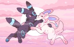  >_< :3 ^_^ alternate_color animal_couple animal_focus blush bow closed_eyes clouds commentary couple english_commentary full_moon lowres moon no_humans panicpuppy pastel_colors pawpads pink_bow pink_sky pixel_art pokemon pokemon_(creature) pokemon_focus ribbon shiny_pokemon sky sparkle sylveon umbreon yume_kawaii 