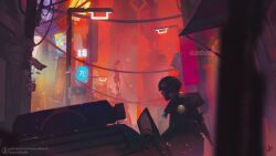  artist_logo artist_name aurahack blurry blurry_foreground building car coat commentary cowboy_shot cyberpunk embers english_commentary from_side gun haze helmet lamppost logo looking_at_viewer military_uniform motor_vehicle original outdoors patreon_username power_lines profile security_camera sign utility_pole weapon 
