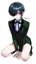  1boy arm_support black_jacket black_shoes black_shorts black_socks blue_bow blue_bowtie blue_eyes blue_hair bow bowtie ciel_phantomhive commentary eyepatch highres jacket kneeling kuroshitsuji looking_at_viewer male_focus mi_tei shirt shoes short_hair shorts signature simple_background socks solo white_background white_shirt 