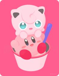  :d blue_eyes blush_stickers commentary cup green_eyes in_container in_cup jigglypuff kirby kirby_(series) no_humans no_lineart open_mouth pink_background pokemon pokemon_(creature) rizu_(rizunm) simple_background smile spoon twitter_username 