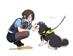  1girl alternate_costume armband blue_shirt blue_skirt blue_vest blush brown_hair collared_shirt dog highres hololive leash necktie oozora_subaru open_mouth pantyhose pencil_skirt petting police police_uniform policewoman ripod shirt shoes short_hair short_sleeves simple_background skirt smile squatting swept_bangs tongue tongue_out vest virtual_youtuber white_background 