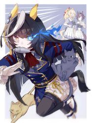  3girls ahoge animal_ears ascot believe_(umamusume) black_hair black_pantyhose blonde_hair blue_jacket blunt_bangs bow bowtie breasts brown_hair buttons calstone_light_o_(one_true_path)_(umamusume) calstone_light_o_(umamusume) cat double-breasted durandal_(umamusume) ear_covers eye_trail fish gloves hair_between_eyes highres hime_cut horse_ears horse_girl horse_tail jacket light_trail long_hair long_sleeves mouth_hold multicolored_hair multiple_girls pantyhose pleated_skirt puffy_short_sleeves puffy_sleeves purple_bow purple_bowtie purple_shirt red_ascot running sailor_collar sailor_shirt school_uniform shirt shoes short_hair short_sleeves shorts single_ear_cover skirt sorekara_64 streaked_hair tail thigh-highs tracen_school_uniform two-tone_hair umamusume white_gloves white_hair white_sailor_collar white_shorts white_skirt white_thighhighs yellow_eyes 