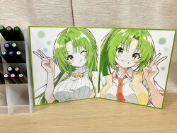  2girls :q ;q bare_arms bare_shoulders blush breasts closed_mouth collared_shirt commentary_request green_eyes green_hair grin hand_up highres higurashi_no_naku_koro_ni large_breasts long_hair looking_at_viewer marker_(medium) multiple_girls necktie niyane one_eye_closed open_clothes open_vest parted_bangs ponytail red_necktie ribbed_sweater shirt short_sleeves siblings sisters sleeveless sleeveless_sweater sleeveless_turtleneck smile sonozaki_mion sonozaki_shion sweater tongue tongue_out traditional_media turtleneck turtleneck_sweater twins upper_body v vest white_shirt white_sweater yellow_vest 