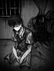  1boy 1girl brother_and_sister commentary corpse crawling english_commentary hellmari_(omori) highres horror_(theme) key-gene-5500 long_hair mari_(omori) no_mouth omori siblings sunny_(omori) 