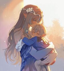  1girl anastasya_feodorovna_snezhnaya bare_shoulders blue_eyes breasts detached_sleeves dress earrings genshin_impact grey_hair hair_down highres jewelry larskukka light_smile long_hair mother_and_child mother_and_son official_alternate_costume official_alternate_hairstyle parent_and_child pointy_ears sidelocks smile white_dress 