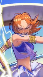 1girl arabian_clothes armlet bare_shoulders belly blue_sky blurry blurry_background breasts clima-tact commentary crop_top earrings electricity fighting_stance floating_hair gold_armlet harem highres holding holding_staff jewelry kaiserdavid09 looking_at_viewer medium_breasts midriff nami_(one_piece) navel official_alternate_costume one_piece open_mouth orange_hair outdoors purple_shirt reversed serious shirt short_hair shoulder_tattoo skirt sky solo staff tattoo tied_shirt upper_body white_skirt 