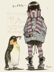  1girl animal bird black_boots black_hair blue_coat boots brown_eyes character_request coat commentary covered_mouth emperor_penguin fish food_in_mouth full_body grey_background hands_in_pockets happy_new_year highres long_hair looking_at_animal mouth_hold new_year penguin purple_scarf purple_thighhighs scarf scarf_over_mouth sekihan signature simple_background solo standing striped_clothes striped_scarf striped_thighhighs thigh-highs translated watermark zesshaka!_shiritsu_yotsuwa_joshi_gakuin_zetsumetsu_kigu-sha_gakka 