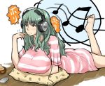  barefoot bb breast_rest breasts chips eating enoshima_iki feet headphones huge_breasts long_hair musical_note on_stomach original pajamas pillow pillows toe-scrunch toe_scrunch translation_request 