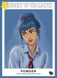  arcane:_league_of_legends artist_name blue_eyes blue_hair blunt_bangs collared_shirt ear_piercing english_text hair_bun highres jewelry jinx_(league) league_of_legends lips multicolored_hair necklace necktie omerartz piercing pink_hair powder_(alternate_timeline)_(arcane) powder_(arcane) school_uniform shirt signature streaked_hair striped_clothes striped_necktie 