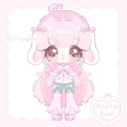  1girl adoptable adorable ahoge artist_name blonde_hair blonde_streaks blue_eyes blue_hair blue_shorts blue_streaks blunt_bangs blush bow braid bunny_girl chibi chibi_only clothing_request cute cutecore english english_commentary eyebrows_visible_through_hair female female_only footwear_bow frills full_body gem girl heart heart_ahoge heart_background heart_in_eye heart_necklace heisei_retro jingle_bell kawaii kawaiicore kitteemilk layered_shorts long_hair long_sleeves looking_at_viewer multicolored_hair navel necklace open_mouth original pale_skin pants pastel_colors pearl_(gemstone) pearl_necklace pink_bow pink_hair pink_pants pink_shoes polka_dot polka_dot_shoes rabbit_ears rabbit_ears rabbit_girl shoes shorts solo star star_(symbol) star_in_eye straight-on straight_hair strawbunimilk streaked_hair twin_braids very_long_hair wholesome yume_kawaii 