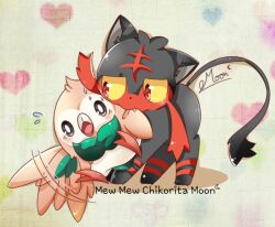  animal_focus artist_name bird biting blush bright_pupils cat colored_sclera commentary english_text fang flapping flying_sweatdrops full_body heart heart_background litten looking_at_another mew_mew_chikorita_moon motion_lines no_humans open_mouth owl pokemon pokemon_(creature) pokemon_sun_and_moon red_eyes rowlet signature sweat tail wings yellow_sclera 