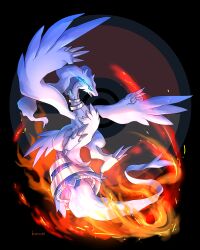  blue_eyes bono_(bonobo0088) claws commentary_request eye_trail fire full_body highres light_trail no_humans pokemon pokemon_(creature) pokemon_focus reshiram signature solo white_fur 