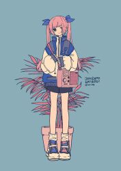  1girl alternate_costume aqua_background black_eyes black_shorts blue_bow blue_jacket bow bright_pupils closed_mouth commentary_request flat_color full_body hair_bow highres holding_strap jacket long_hair looking_at_viewer no_nose omega_rio omega_sisters pink_hair plant potted_plant radio romaji_text shoes shorts simple_background sleeves_past_wrists smile smr_omg sneakers socks solo twintails twitter_username virtual_youtuber white_jacket white_pupils white_shoes white_socks 