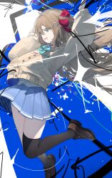  1girl absurdres ahoge aqua_bow aqua_bowtie asymmetrical_legwear azurymi black_socks black_thighhighs blue_eyes blue_skirt bow bowtie brown_hair brown_shoes cardigan chinese_commentary commentary_request fine_fabric_emphasis floating_hair from_side full_body hair_between_eyes hair_ornament hair_ribbon heart heart_hair_ornament highres jumping loafers midair miniskirt neuro-sama neuro-sama_(1st_costume) open_mouth pleated_skirt profile red_ribbon ribbon shirt shoes single_sock single_thighhigh skirt socks solo thigh-highs uneven_legwear vedal_ai virtual_youtuber white_shirt yellow_cardigan 