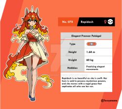  1girl animal_ears artist_name bare_shoulders blonde_hair brown_eyes character_profile cleavage_cutout clothing_cutout deviantart_logo deviantart_username dress english_text fiery_hair fiery_tail fire halterneck height horns horse_ears long_hair multicolored_hair orange_background orange_hair personification pokedex_number pokemon rapidash red_hair single_horn tail taruyamame venus_symbol watermark weight 