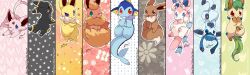 artist_name blue_eyes blush bow brown_eyes commentary covering_own_mouth eevee espeon evolutionary_line flareon forked_tail full_body glaceon green_eyes heart highres jolteon leafeon looking_at_viewer mew_mew_chikorita_moon no_humans one_eye_closed pokemon pokemon_(creature) polka_dot polka_dot_background red_eyes ribbon signature smile sylveon tail umbreon vaporeon violet_eyes 