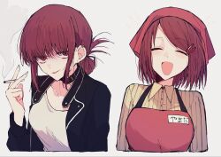  1girl :d apron black_jacket blush breasts choker cigarette closed_eyes closed_mouth collared_shirt commentary_request cropped_torso dual_persona earrings employee_uniform hair_ornament hairclip headscarf highres holding holding_cigarette jacket jewelry leather leather_jacket lipstick long_sleeves looking_at_viewer low-tied_medium_hair makeup medium_hair natsuneco_02 open_clothes open_jacket open_mouth piercing red_apron red_eyes red_hair red_headscarf shirt short_hair simple_background smile smirk smoke smoke_trail smoking smug store_clerk super_no_ura_de_yani_suu_futari tayama_(super_no_ura_de_yani_suu_futari) upper_body white_background white_shirt yamada_(super_no_ura_de_yani_suu_futari) 