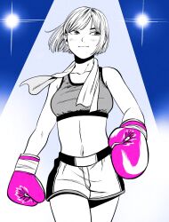  1girl blue_background breasts commentary_request cowboy_shot eyebrows_hidden_by_hair gloves greyscale_with_colored_background gym_shorts highres lee_(dragon_garou) light_blush linea_alba medium_breasts original pink_gloves short_hair short_shorts shorts sideways_glance smile solo sports_bra spot_color spotlight towel towel_around_neck 