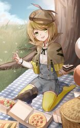  1girl animal_request bird blue_shorts brown_hair cake cake_slice commentary food fork green_eyes hat heaven_burns_red highres holding holding_fork irene_redmayne kr_woyue looking_at_viewer open_mouth picnic picnic_blanket pizza pizza_box short_hair shorts sitting thigh-highs untranslatable_commentary wariza yellow_thighhighs 