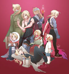  6+boys age_progression anna_kotori arms_behind_head artist_name automail bag belt black_boots black_jacket black_pants blonde_hair blood blood_on_face boots braid braided_ponytail brown_belt child coat commentary_request edward_elric fire full_body fullmetal_alchemist fur-trimmed_hood fur_trim gloves green_coat grocery_bag holding holding_torch hood hood_up hooded_coat jacket long_hair looking_at_viewer male_focus mechanical_arms multiple_boys multiple_costumes pants red_background shopping_bag single_mechanical_arm sitting standing torch white_gloves 