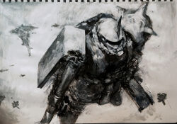  a_baoa_qu asteroid bazooka_(gundam) commentary_request flying from_above full_body greyscale gundam holding holding_rocket_launcher holding_weapon masahiro_ito mecha mecha_focus mobile_suit mobile_suit_gundam monochrome no_humans painting_(medium) photo_(medium) robot rocket_launcher science_fiction shoulder_spikes sketch space space_station spikes traditional_media weapon zaku_ii zaku_ii_s zeon 